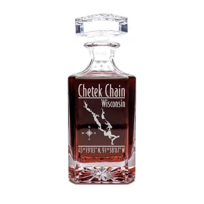 Chetek Chain of Lakes Wisconsin Modern engraved square whiskey decanter - light lifestyle scene