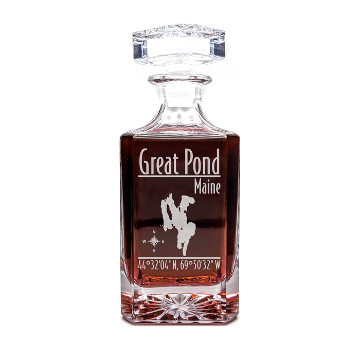 Great Pond Maine Modern engraved square whiskey decanter - light lifestyle scene