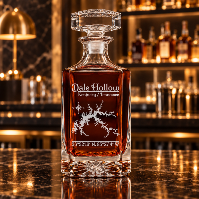 Dale Hollow Lake Kentucky / Tennessee Classic engraved square whiskey decanter - decanter alone