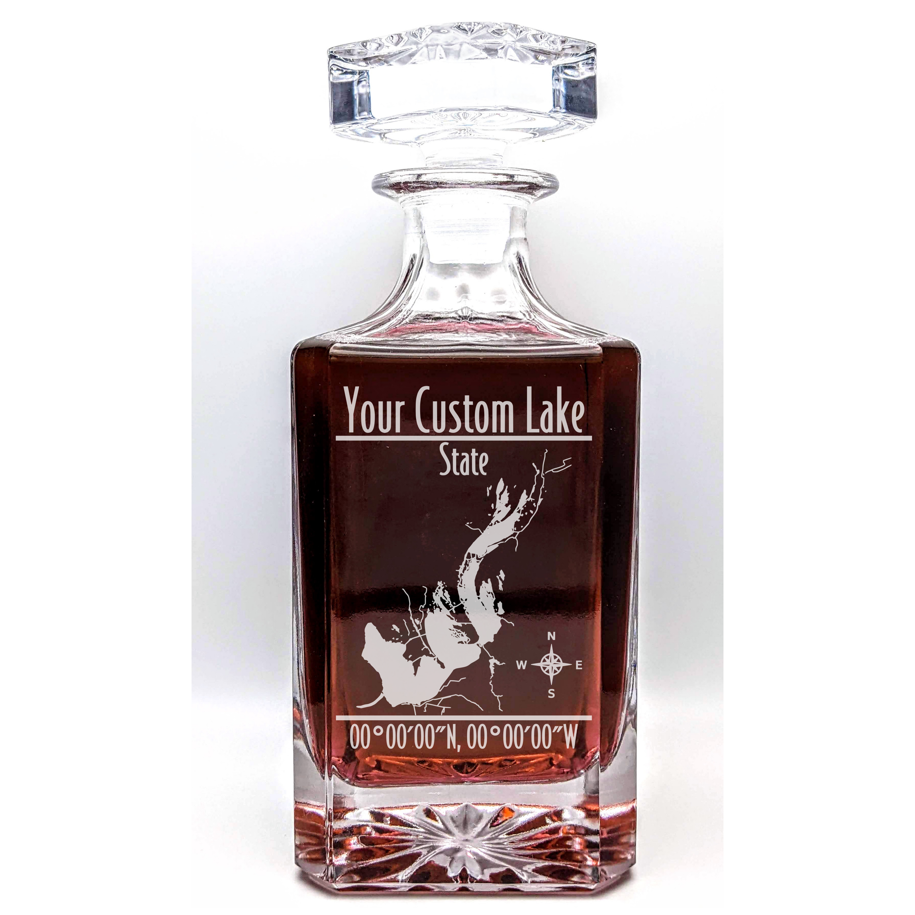Modern Personalized Lake Whiskey Decanter Set - Custom Engraved Decanter with Coordinates - 26 oz Decanter with Optional Matching Glasses for Bourbon, Scotch, or Whiskey Lovers