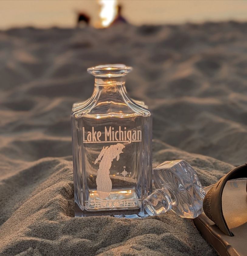 Modern Personalized Lake Whiskey Decanter Set - Custom Engraved Decanter with Coordinates - 26 oz Decanter with Optional Matching Glasses for Bourbon, Scotch, or Whiskey Lovers
