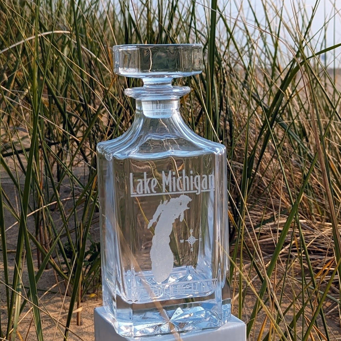 Modern Personalized Lake Whiskey Decanter Set - Custom Engraved Decanter with Coordinates - 26 oz Decanter with Optional Matching Glasses for Bourbon, Scotch, or Whiskey Lovers