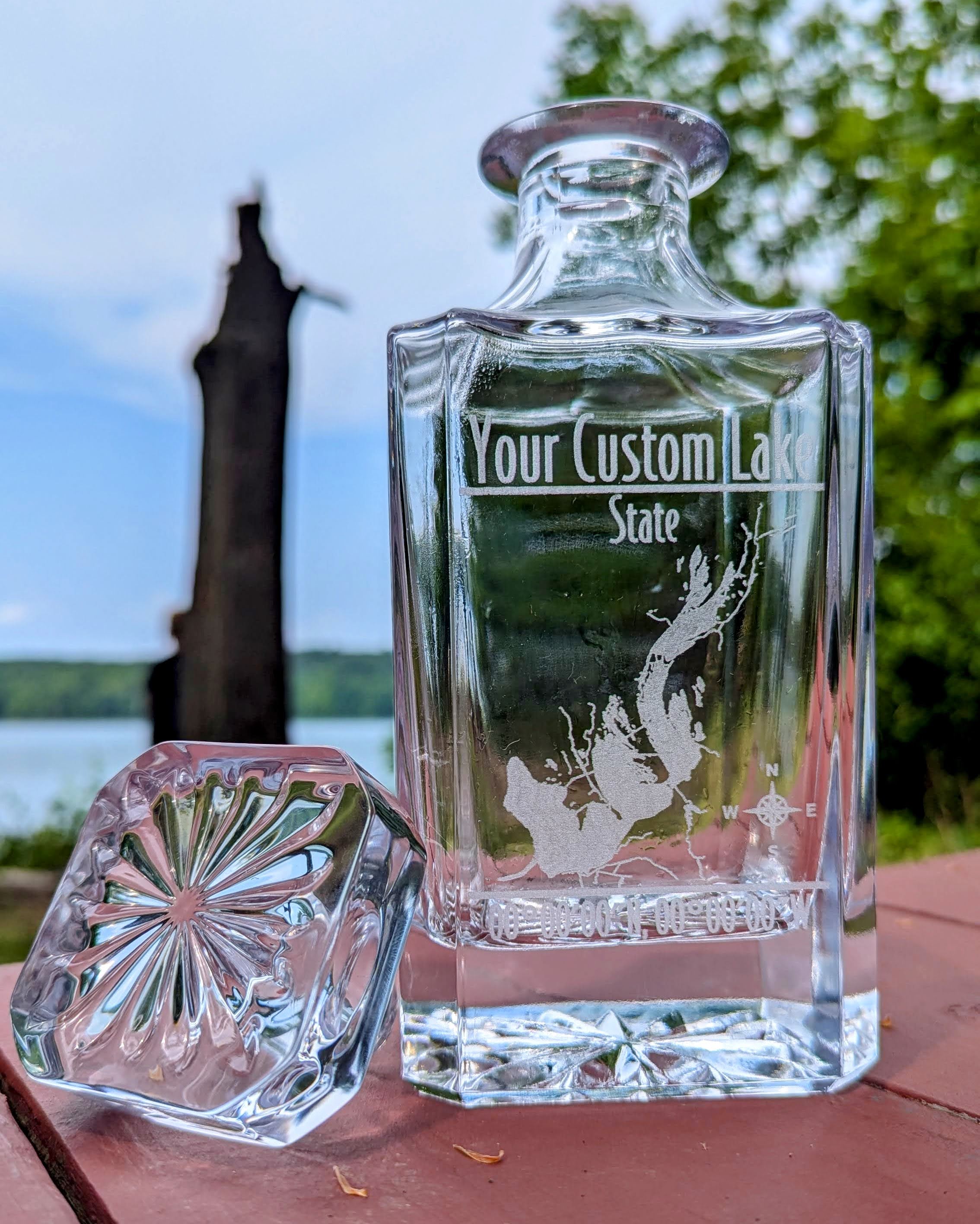 Modern Personalized Lake Whiskey Decanter Set - Custom Engraved Decanter with Coordinates - 26 oz Decanter with Optional Matching Glasses for Bourbon, Scotch, or Whiskey Lovers