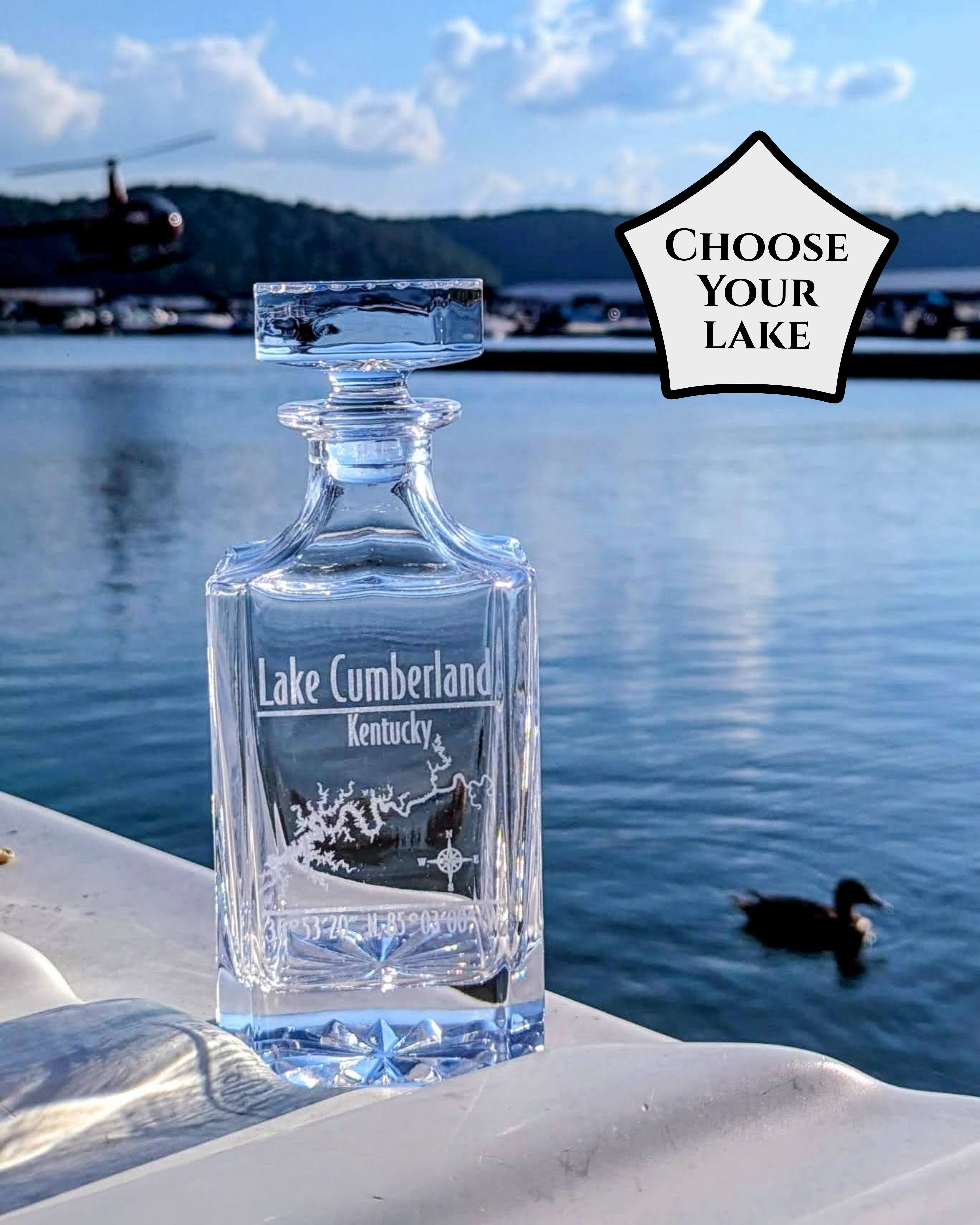 Modern Personalized Lake Whiskey Decanter Set - Custom Engraved Decanter with Coordinates - 26 oz Decanter with Optional Matching Glasses for Bourbon, Scotch, or Whiskey Lovers