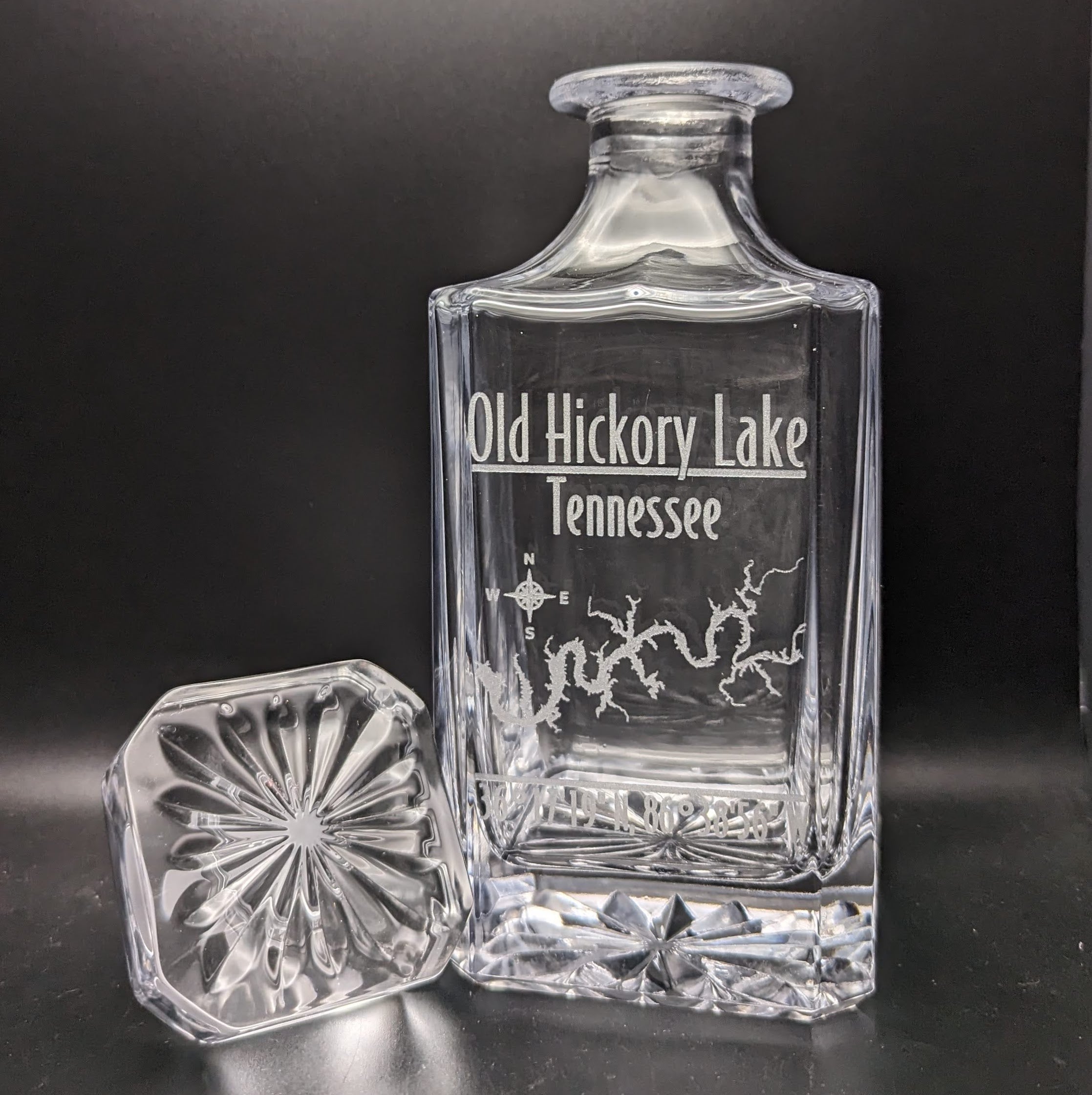 Modern Personalized Lake Whiskey Decanter Set - Custom Engraved Decanter with Coordinates - 26 oz Decanter with Optional Matching Glasses for Bourbon, Scotch, or Whiskey Lovers