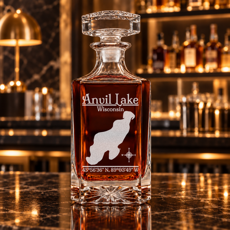 Anvil Lake Wisconsin Classic engraved square whiskey decanter — decanter alone in bar scene