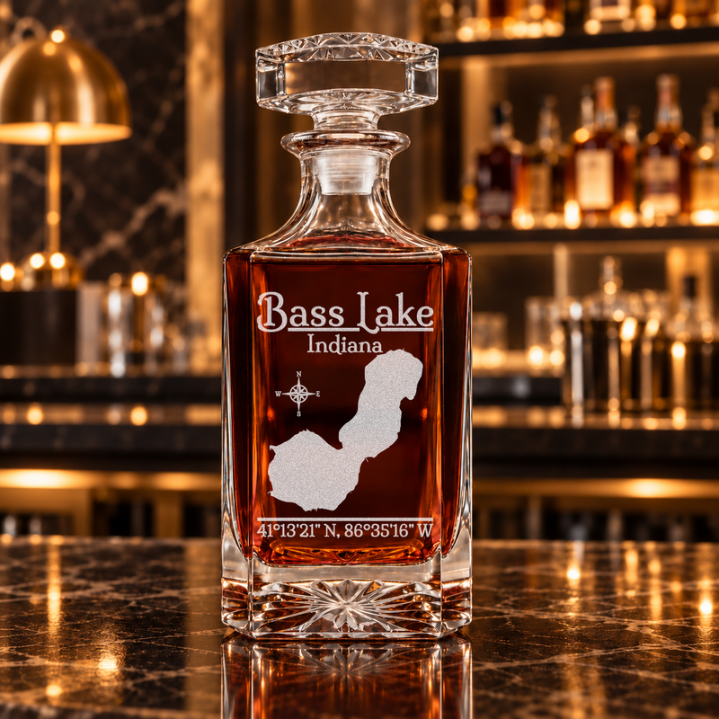 Bass Lake Indiana Classic engraved square whiskey decanter — decanter alone in bar scene