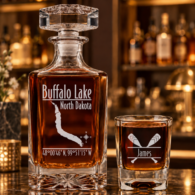 Buffalo Lake North Dakota Modern engraved square whiskey decanter - matching sample glass