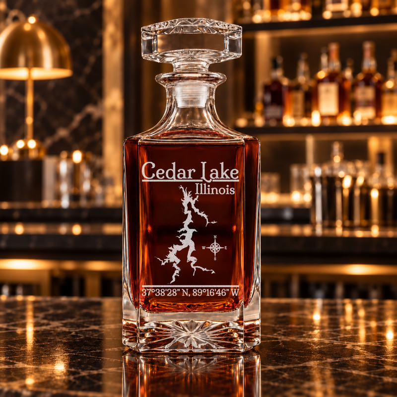 Cedar Lake Illinois Classic engraved square whiskey decanter — decanter alone in bar scene
