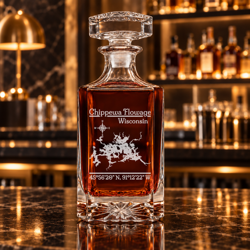 Chippewa Flowage Wisconsin Classic engraved square whiskey decanter — decanter alone in bar scene