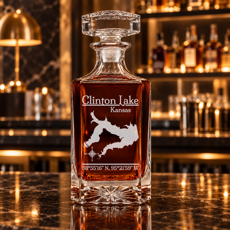 Clinton Lake Kansas Classic engraved square whiskey decanter — decanter alone in bar scene