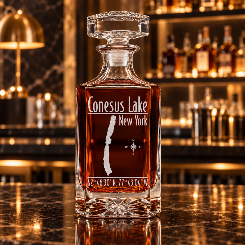 Conesus Lake New York Modern engraved square whiskey decanter — decanter alone in bar scene
