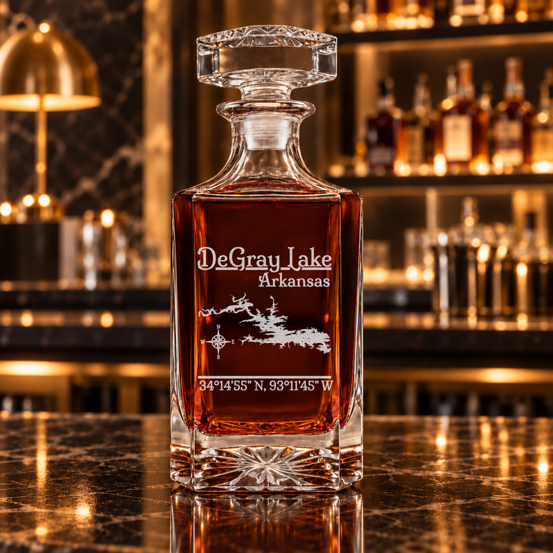 Degray Lake Arkansas Classic engraved square whiskey decanter — decanter alone in bar scene