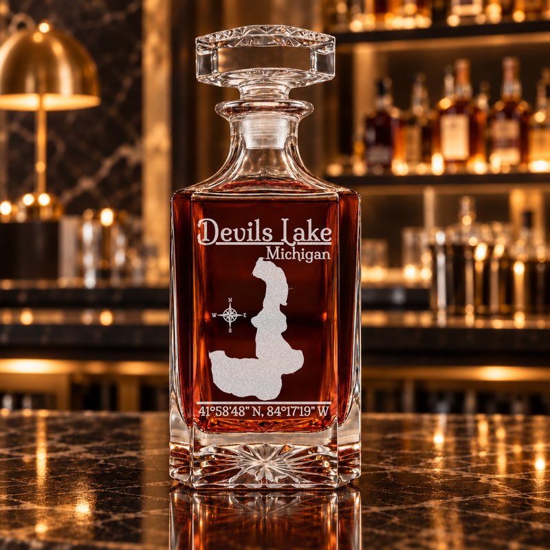 Devils Lake Michigan Classic engraved square whiskey decanter — decanter alone in bar scene