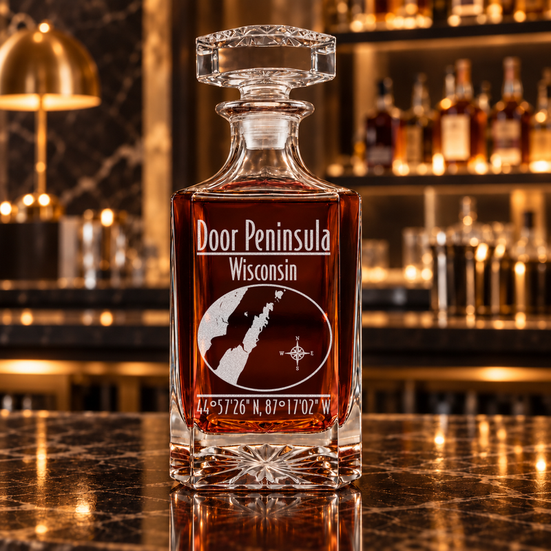 Door Peninsula Wisconsin Modern engraved square whiskey decanter — decanter alone in bar scene