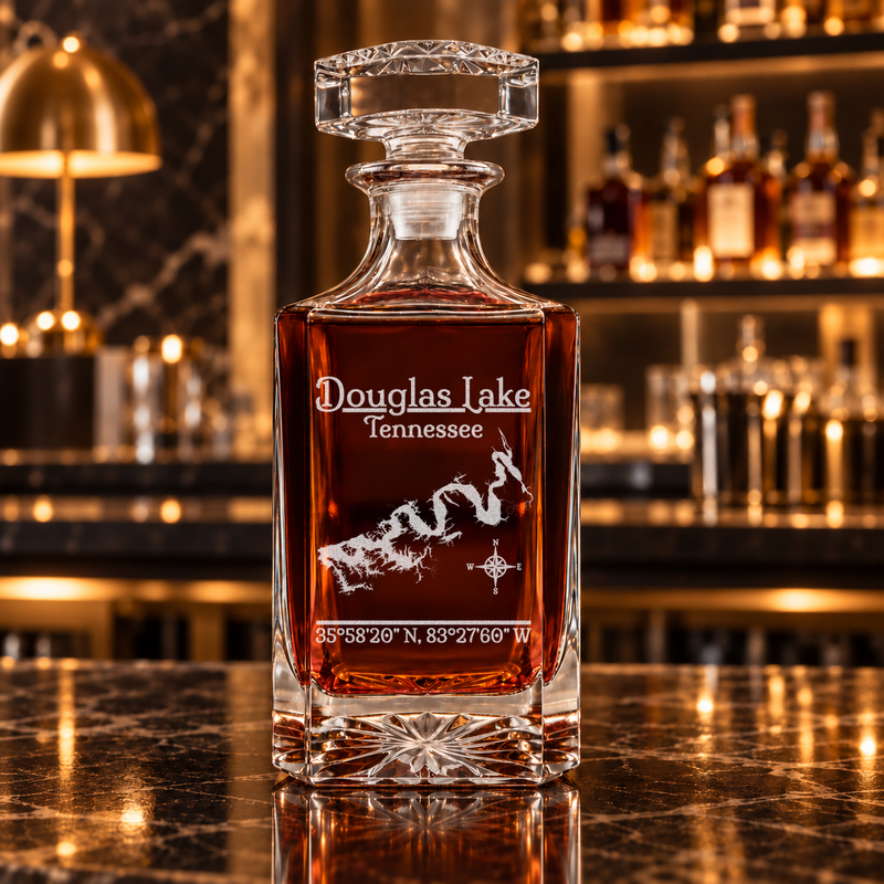 Douglas Lake Tennessee Classic engraved square whiskey decanter — decanter alone in bar scene