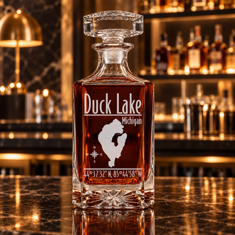 Duck Lake Michigan Modern engraved square whiskey decanter — decanter alone in bar scene