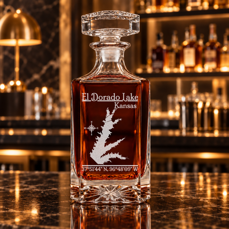 El Dorado Lake Kansas Classic engraved square whiskey decanter — decanter alone in bar scene