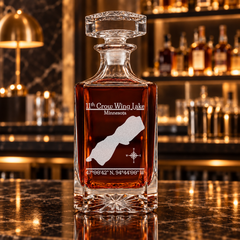 11th Crow Wing Lake Minnesota Classic engraved square whiskey decanter — decanter alone in bar scene