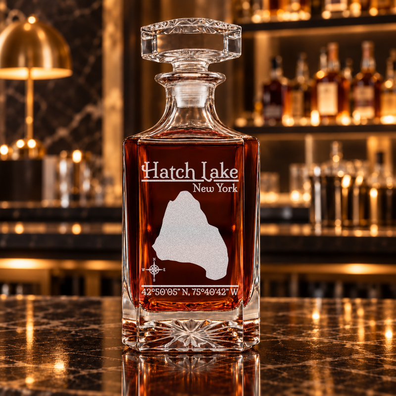 Hatch Lake New York Classic engraved square whiskey decanter — decanter alone in bar scene