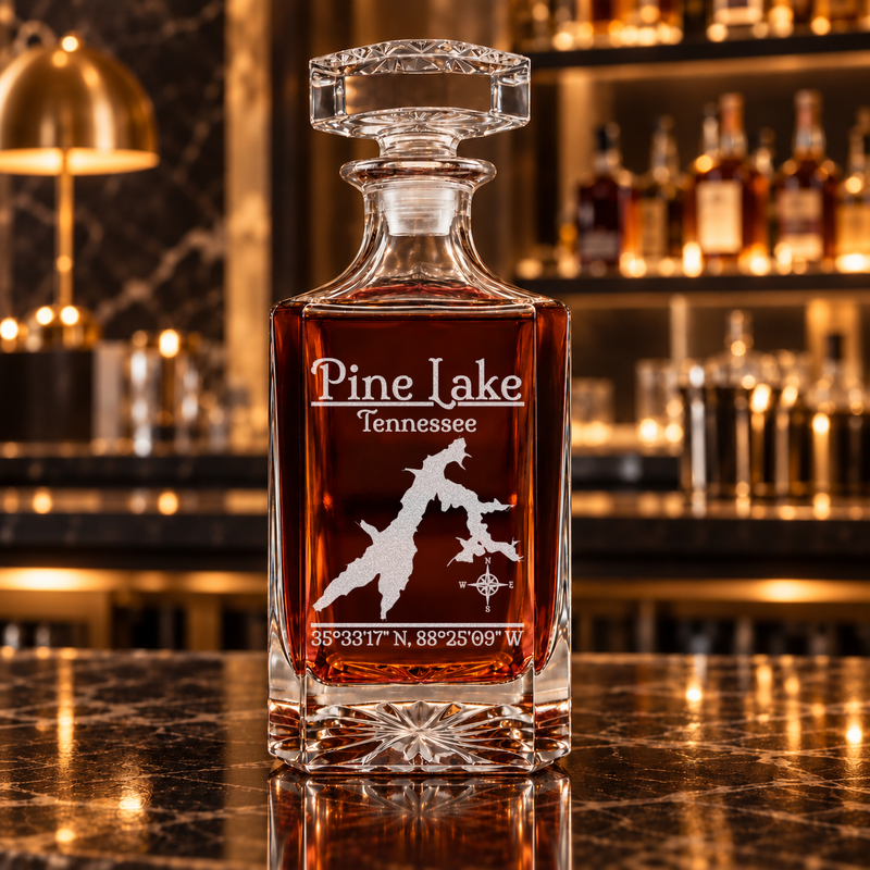 Pine Lake Tennessee Classic engraved square whiskey decanter — decanter alone in bar scene