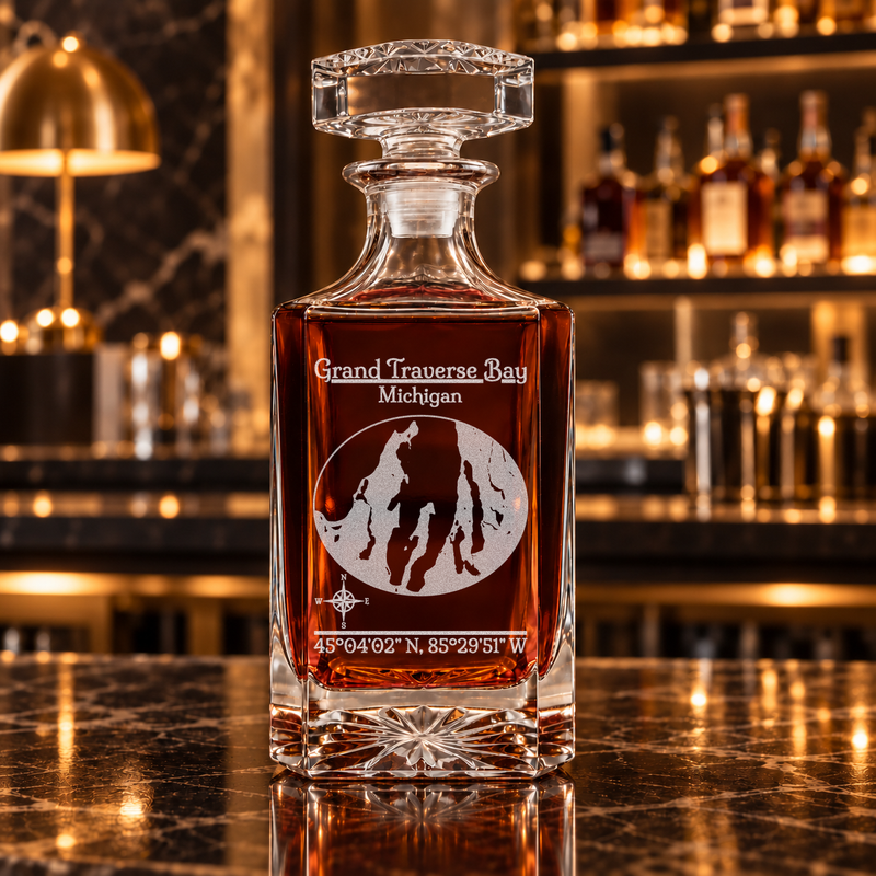 Grand Traverse Bay Michigan Classic engraved square whiskey decanter — decanter alone in bar scene
