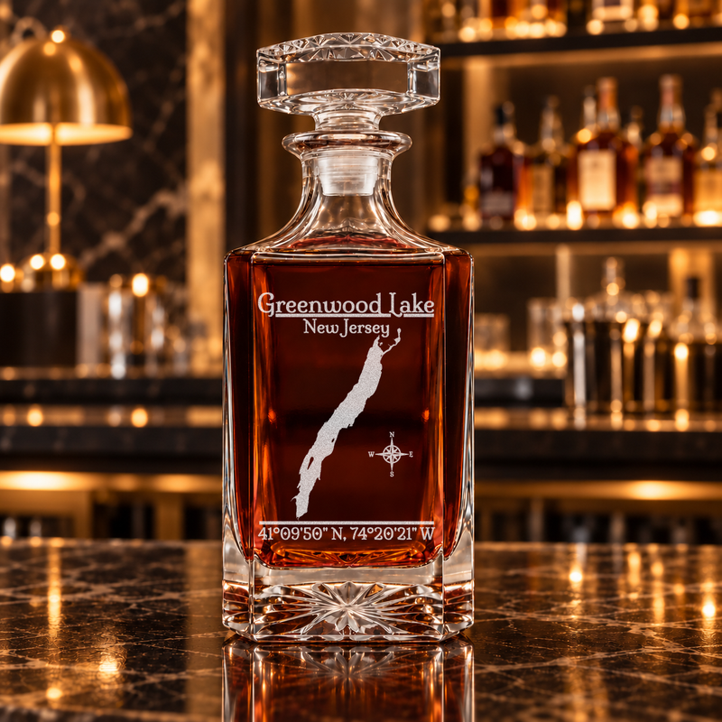 Greenwood Lake New Jersey Classic engraved square whiskey decanter — decanter alone in bar scene