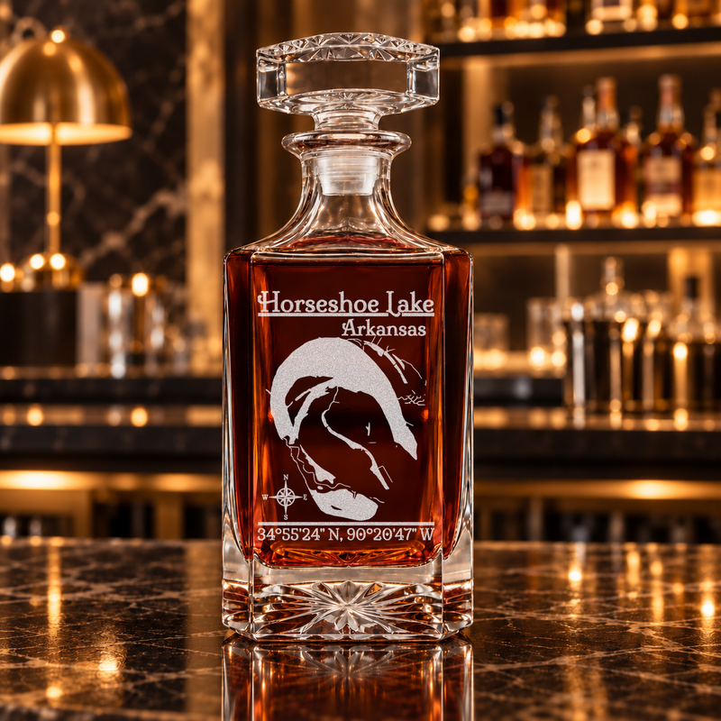 Horseshoe Lake Arkansas Classic engraved square whiskey decanter — decanter alone in bar scene