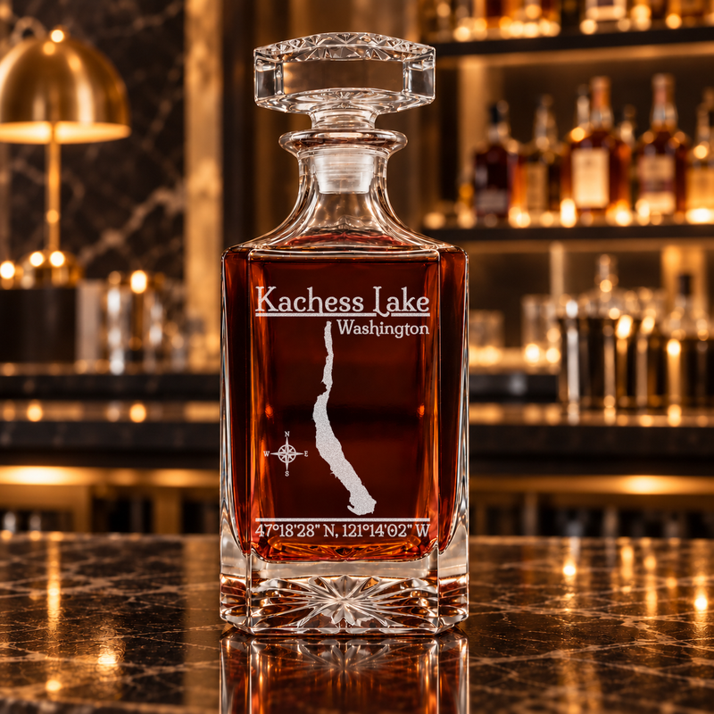 Kachess Lake Washington Classic engraved square whiskey decanter — decanter alone in bar scene
