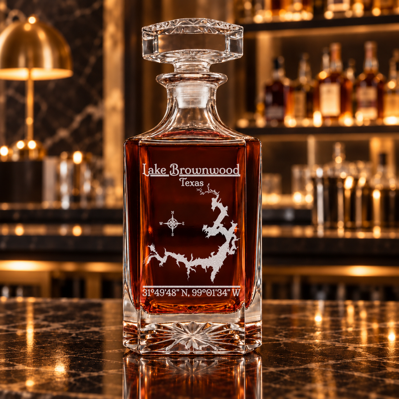 Lake Brownwood Texas Classic engraved square whiskey decanter — decanter alone in bar scene