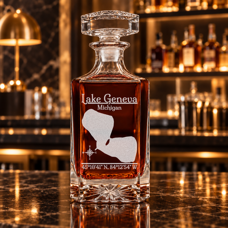 Lake Geneva Michigan Classic engraved square whiskey decanter — decanter alone in bar scene