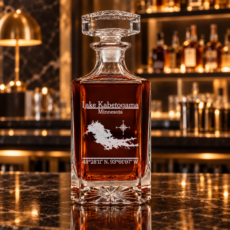 Lake Kabetogama Minnesota Classic engraved square whiskey decanter — decanter alone in bar scene