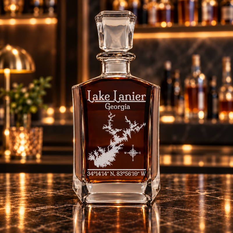Lake Lanier Georgia Classic engraved six-sided whiskey decanter — decanter alone in bar scene
