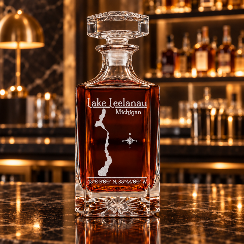 Lake Leelanau Michigan Classic engraved square whiskey decanter — decanter alone in bar scene