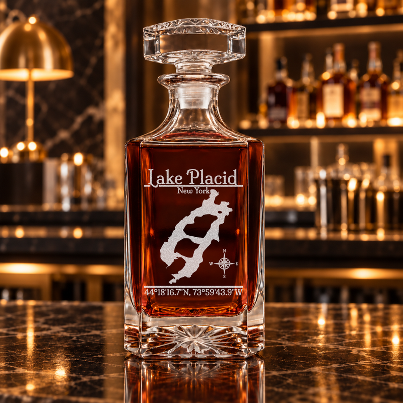 Lake Placid New York Classic engraved square whiskey decanter — decanter alone in bar scene