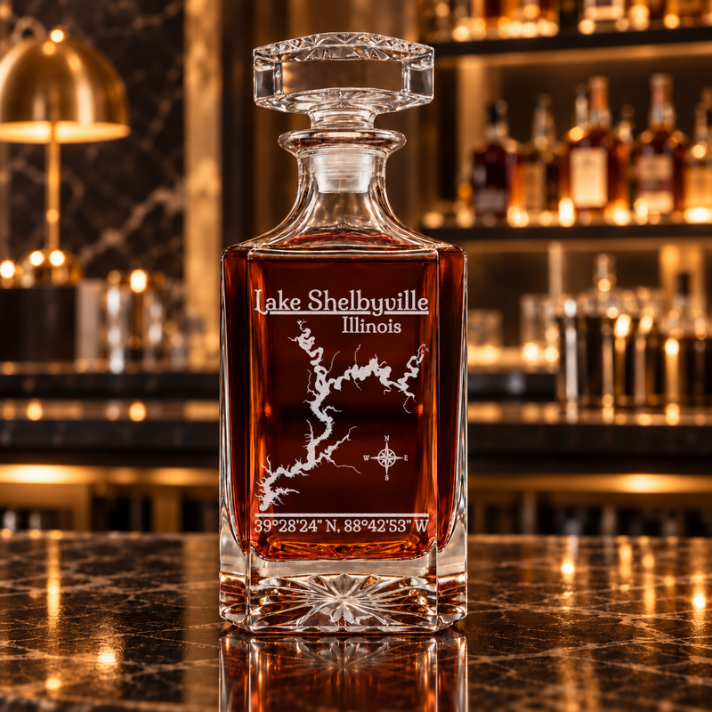 Lake Shelbyville Illinois Classic engraved square whiskey decanter — decanter alone in bar scene