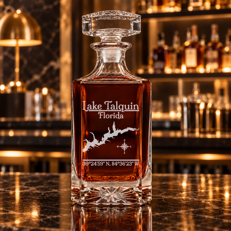 Lake Talquin Florida Classic engraved square whiskey decanter — decanter alone in bar scene