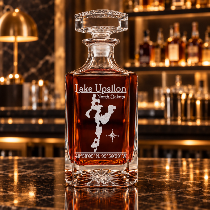 Lake Upsilon North Dakota Classic engraved square whiskey decanter — decanter alone in bar scene