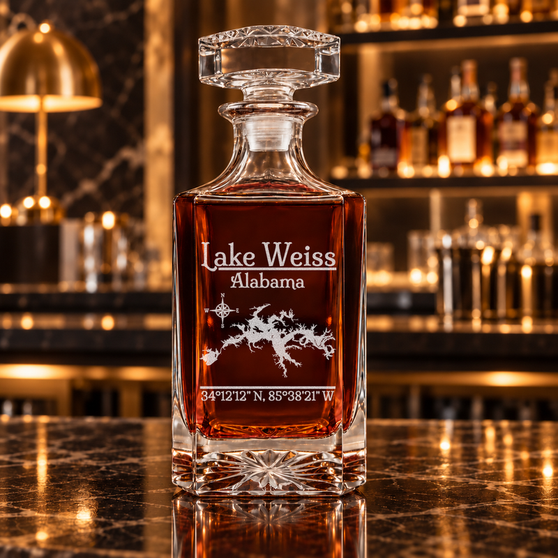 Lake Weiss Alabama Classic engraved square whiskey decanter — decanter alone in bar scene