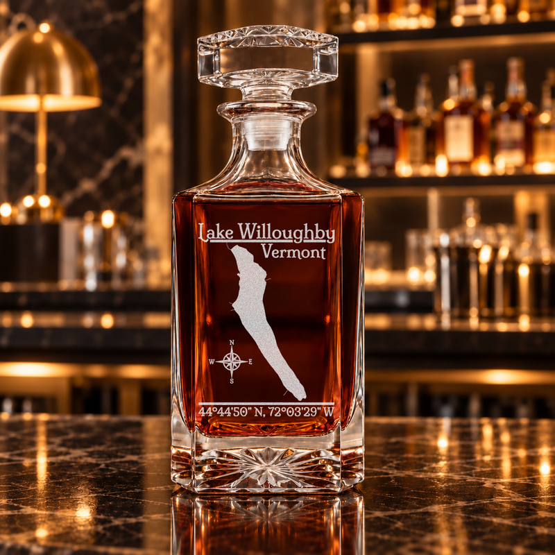 Lake Willoughby Vermont Classic engraved square whiskey decanter — decanter alone in bar scene