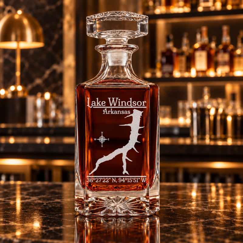Lake Windsor Arkansas Classic engraved square whiskey decanter — decanter alone in bar scene