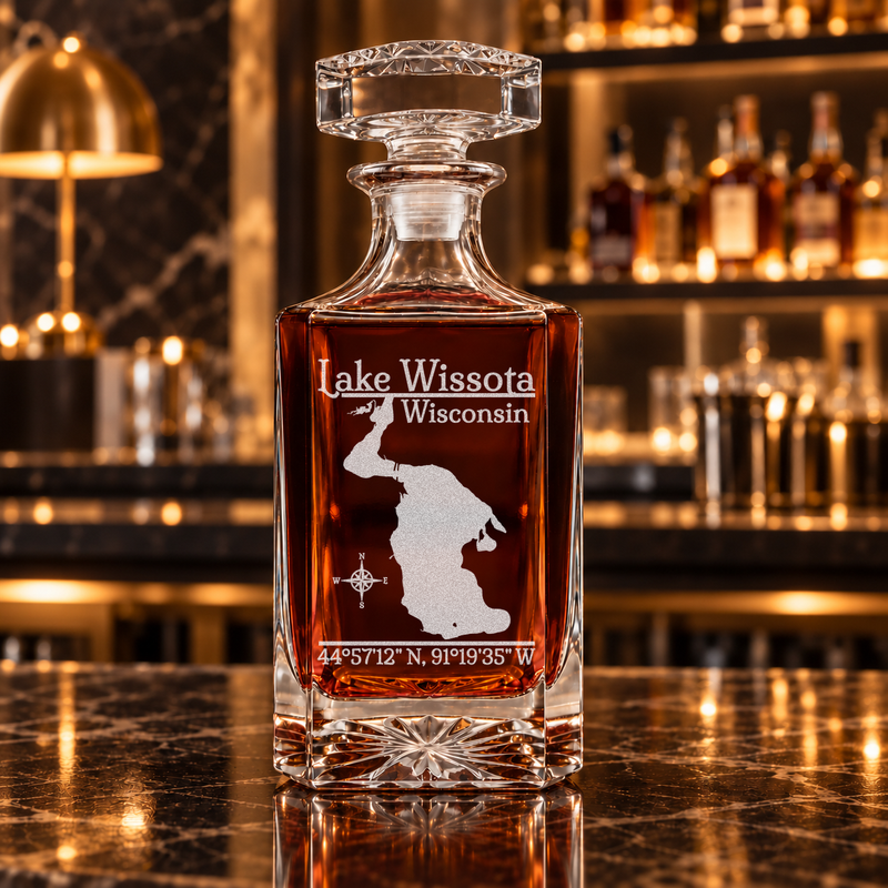 Lake Wissota Wisconsin Classic engraved square whiskey decanter — decanter alone in bar scene