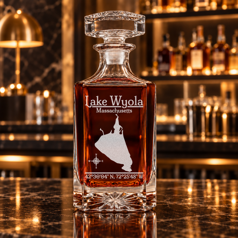 Lake Wyola Massachusetts Classic engraved square whiskey decanter — decanter alone in bar scene