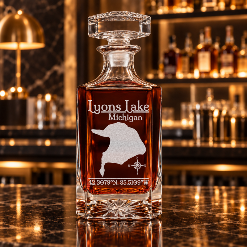Lyons Lake Michigan Classic engraved square whiskey decanter — decanter alone in bar scene