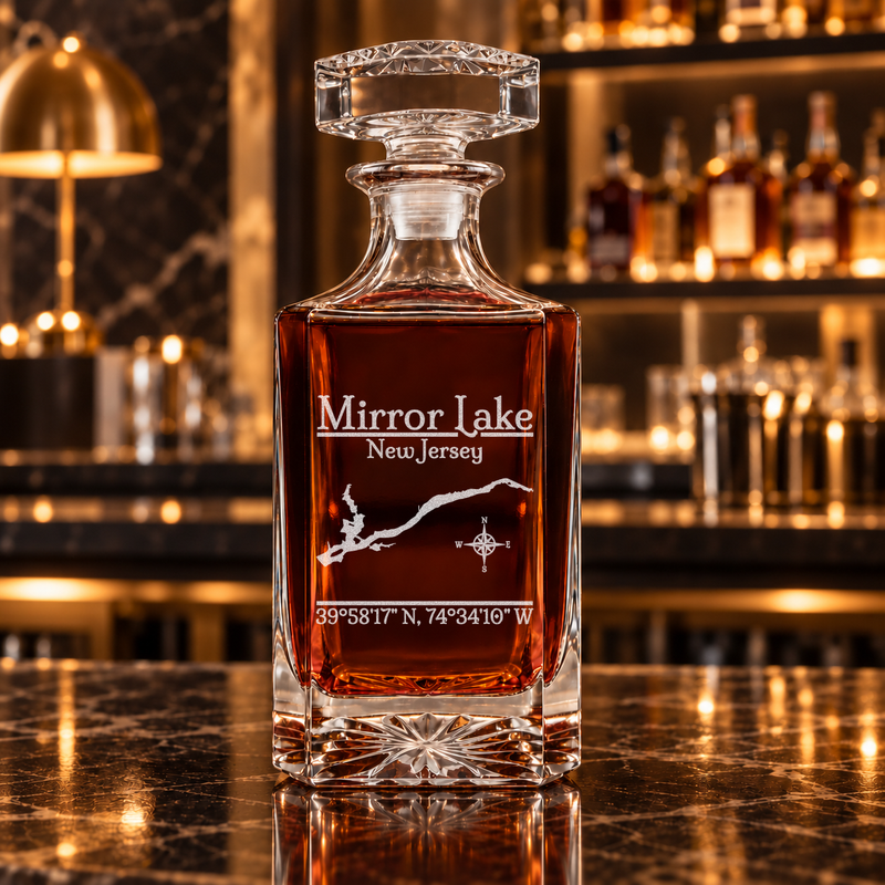 Mirror Lake New Jersey Classic engraved square whiskey decanter — decanter alone in bar scene