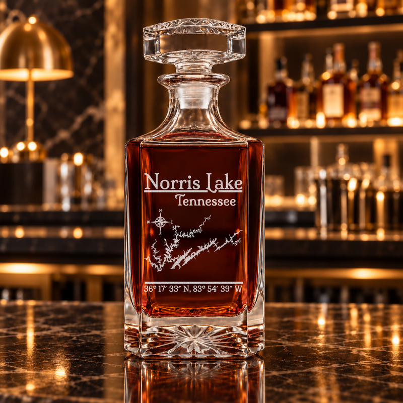 Norris Lake Tennessee Classic engraved square whiskey decanter — decanter alone in bar scene