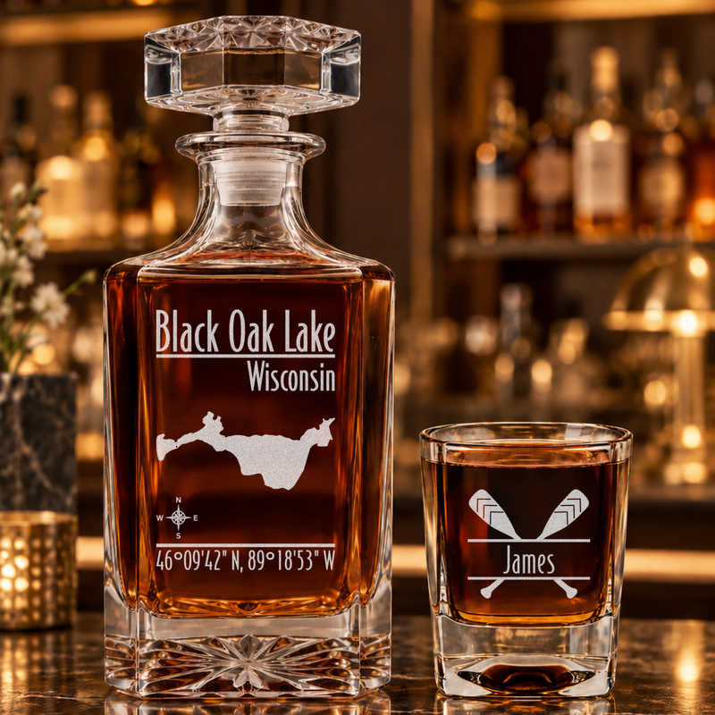 Black Oak Lake Wisconsin Modern engraved square whiskey decanter - matching sample glass