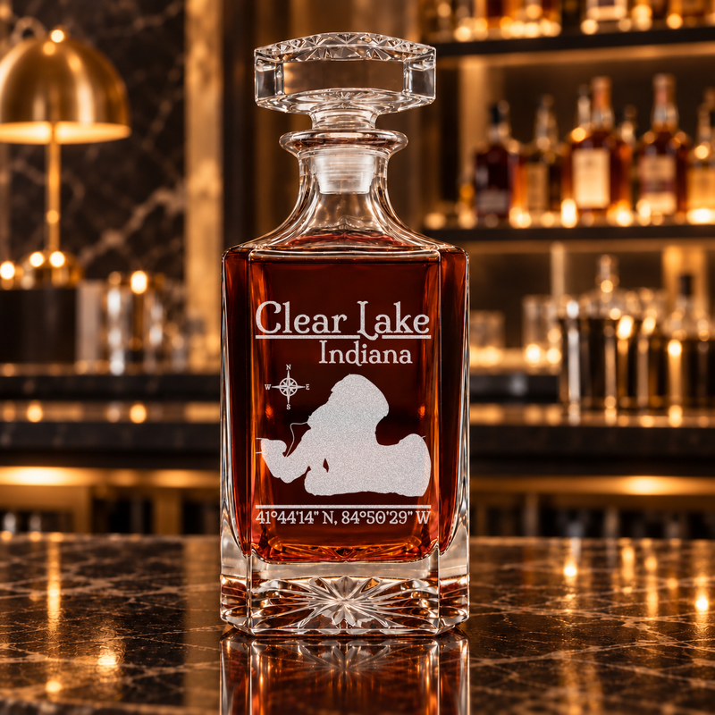 Clear Lake Indiana Classic engraved square whiskey decanter — decanter alone in bar scene