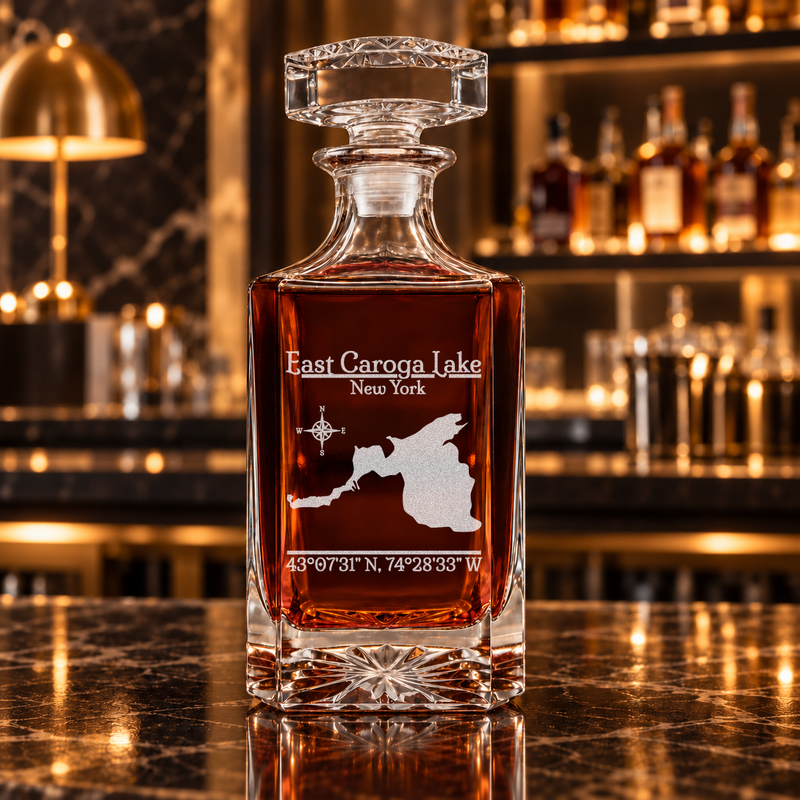 East Caroga Lake New York Classic engraved square whiskey decanter — decanter alone in bar scene