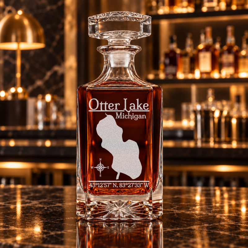Otter Lake Michigan Classic engraved square whiskey decanter — decanter alone in bar scene
